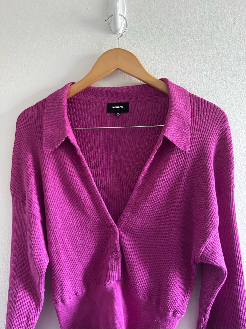 Monrow Twotone Rib Polo Top in Raspberry Rose Color size Medium - Picture 8 of 12